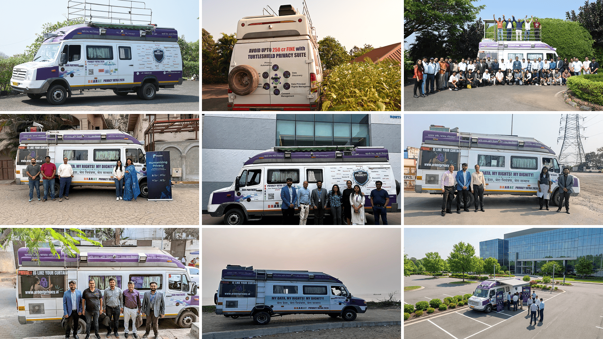 Photographs from Bharat Privacy Yatra 2026 showing the privacy van and teams in cities across India
